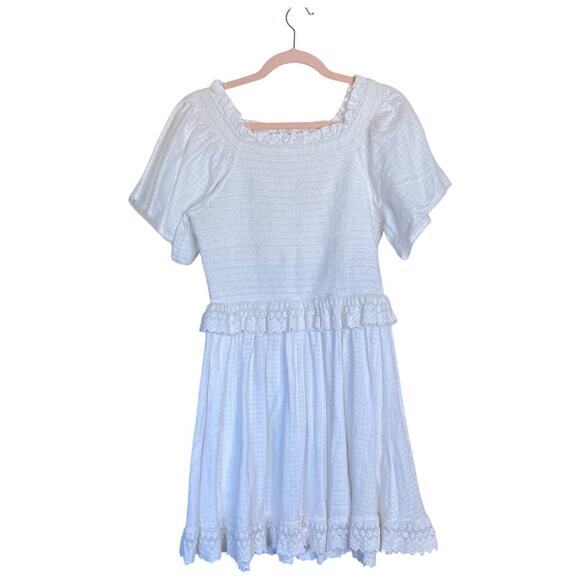 IVY CITY CO Margot White Peplum Lace Embroidered Smocked Mini Dress Size Medium - Picture 1 of 9